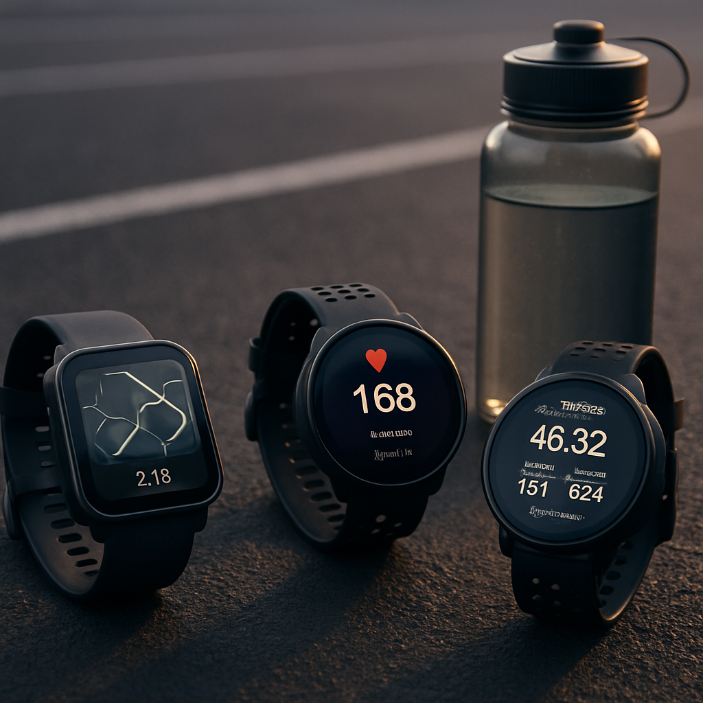 Three sports smartwatches display a GPS route, heart-rate data, and a post-workout summary beside