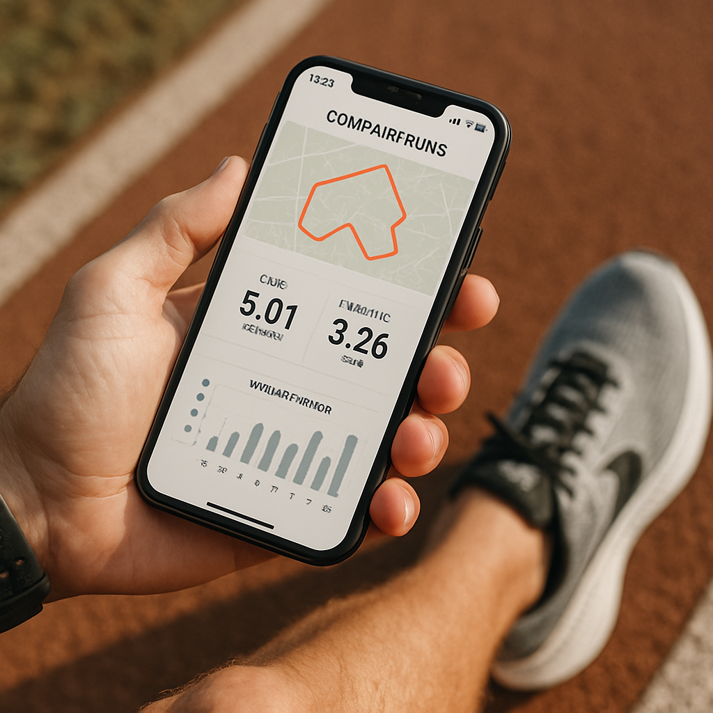 A runner checks a smartphone dashboard comparing a GPS route, pace, distance, and workout