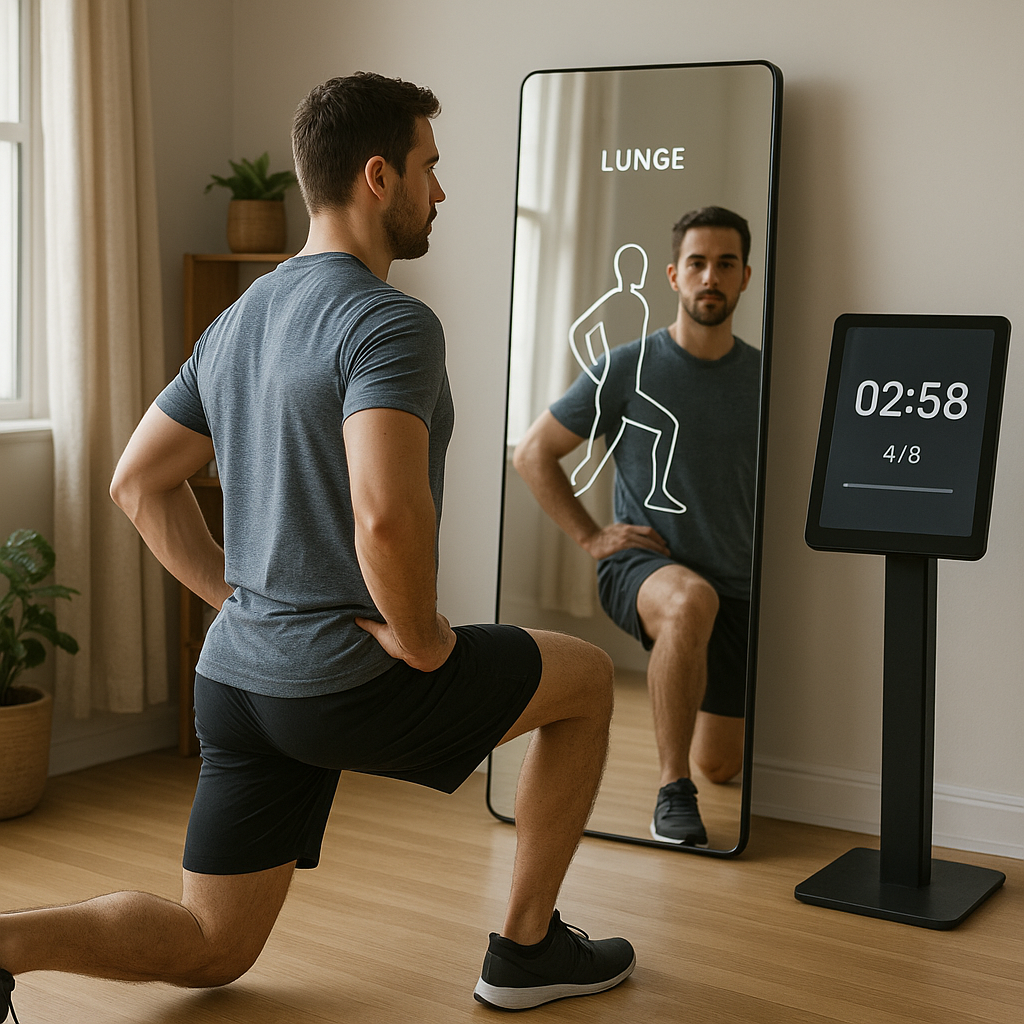 A person practices a lunge at home while a smart mirror gives posture feedback