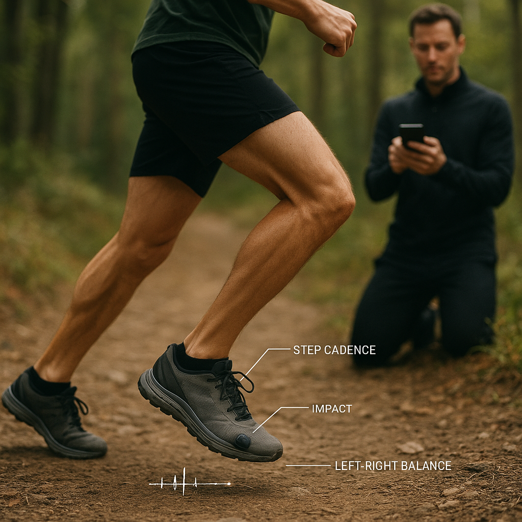 A trail runner’s shoe sensor tracks impact and left-right balance as a coach reviews