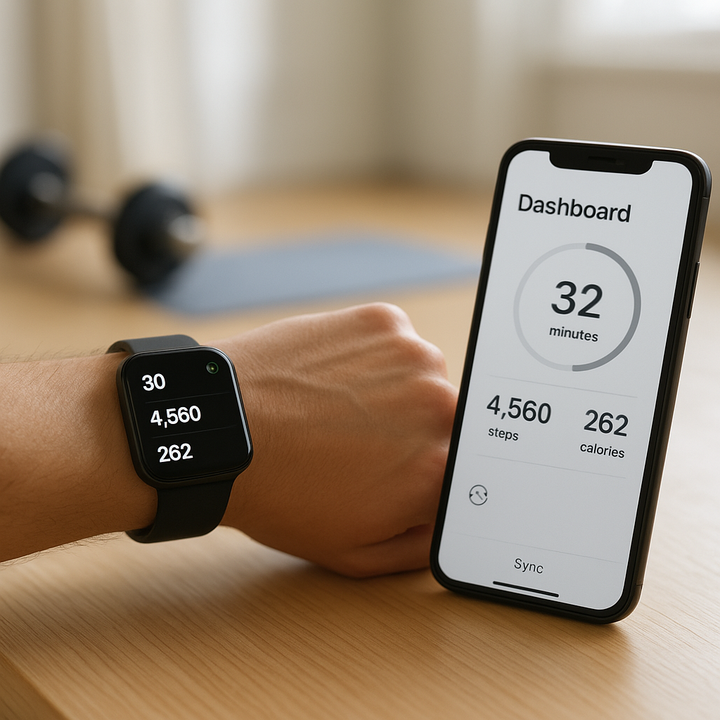 A smartwatch and smartphone display fitness data being synchronized.