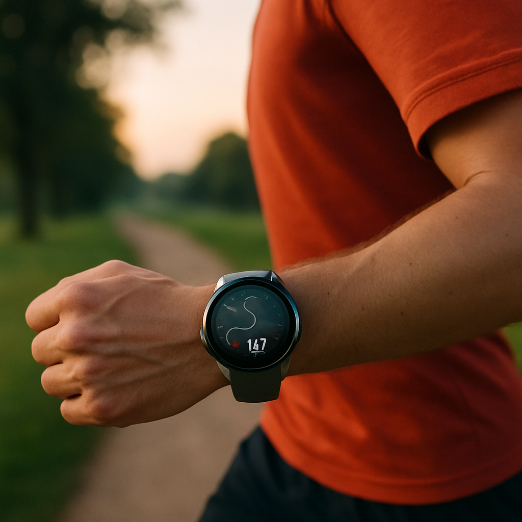 Runner checking a GPS watch showing route, heart rate, and battery information on a