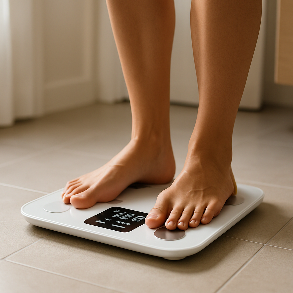 A person stands barefoot on a smart scale in a bright, uncluttered bathroom.