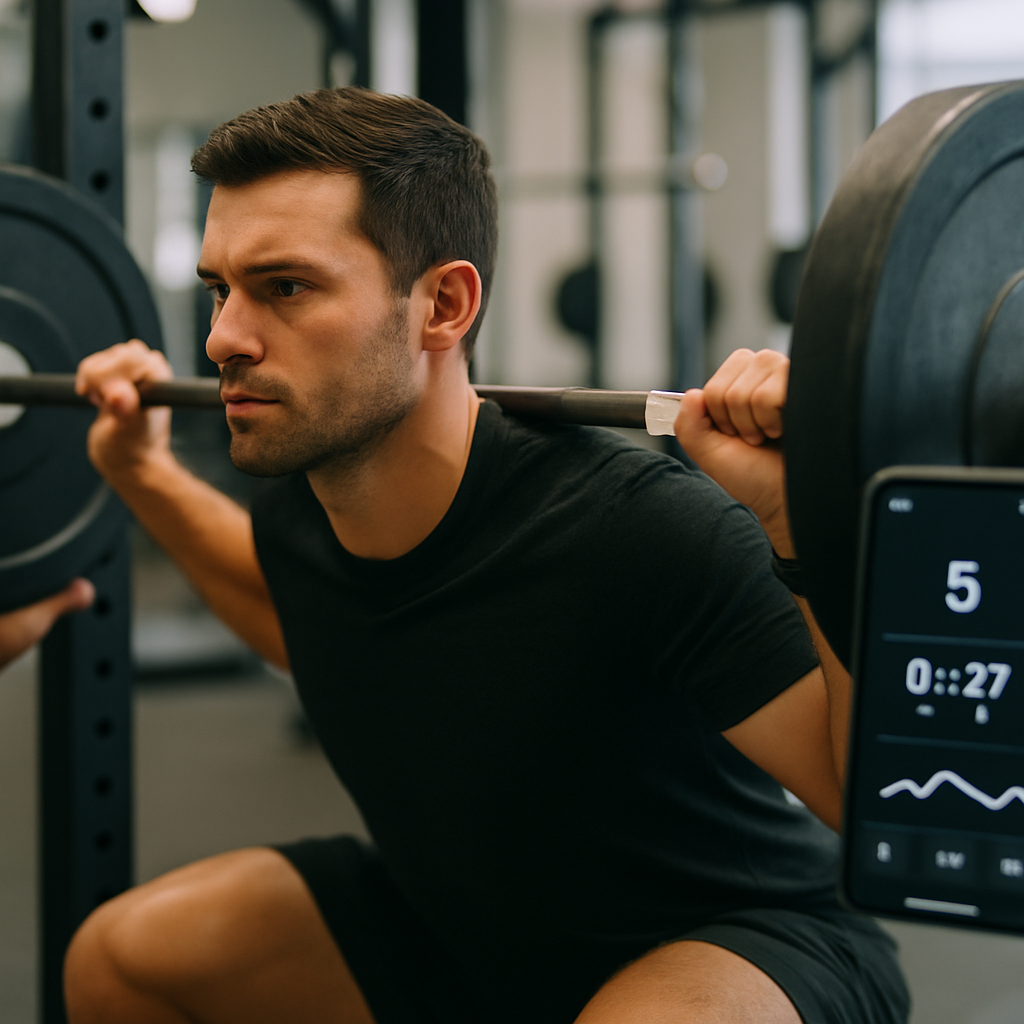 An athlete squats with a barbell while a wearable sensor and phone track repetitions,