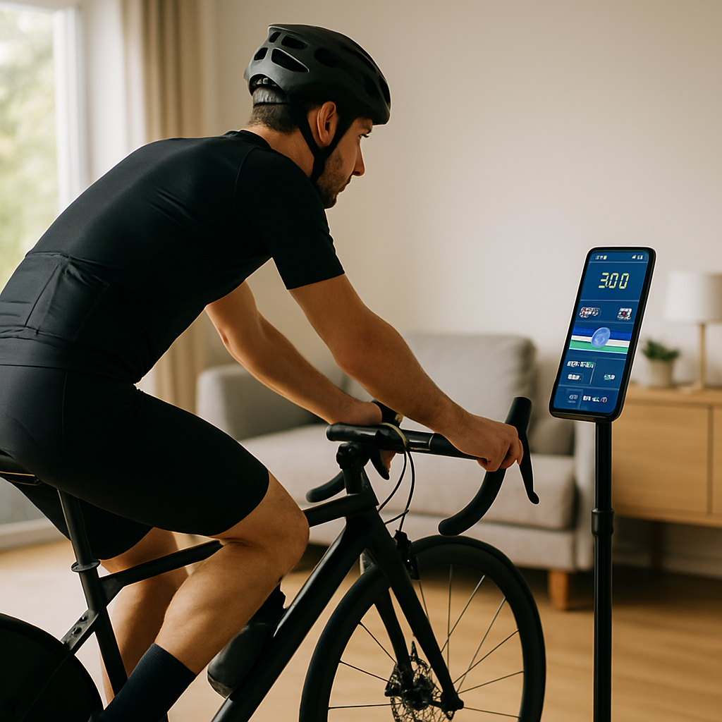 A cyclist trains at home on a smart indoor bike trainer while checking workout
