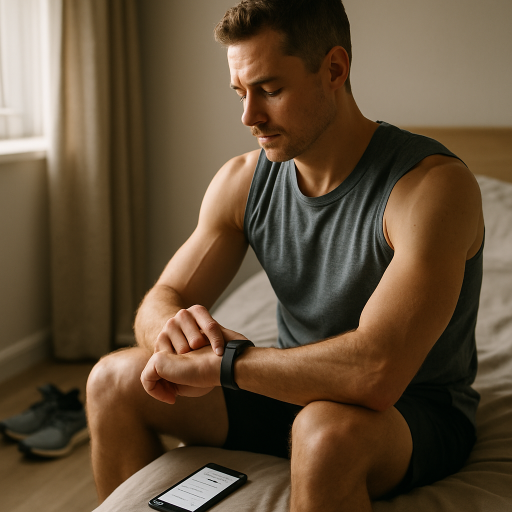 An athlete checks a fitness band beside a phone displaying sleep and recovery trends