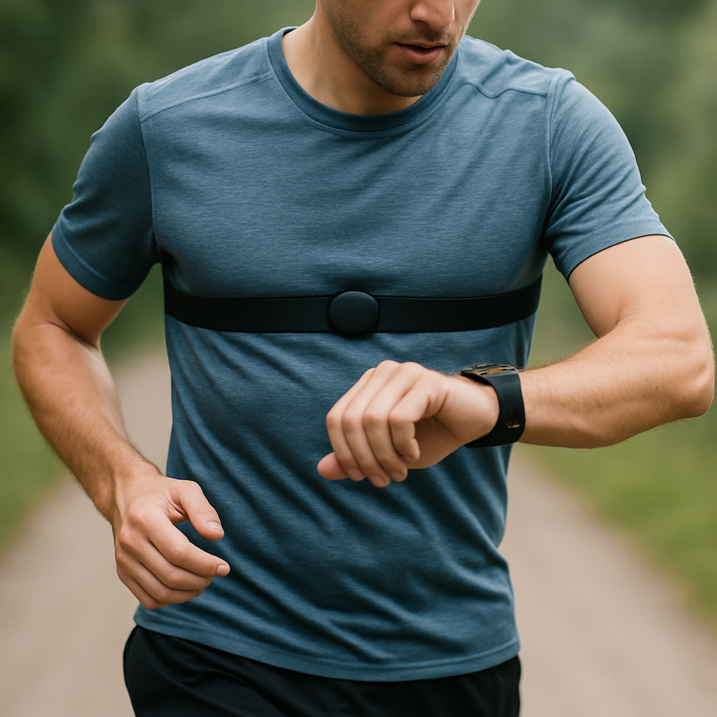 Runner wearing both a chest-strap heart-rate sensor and a fitness watch, comparing wrist-based and