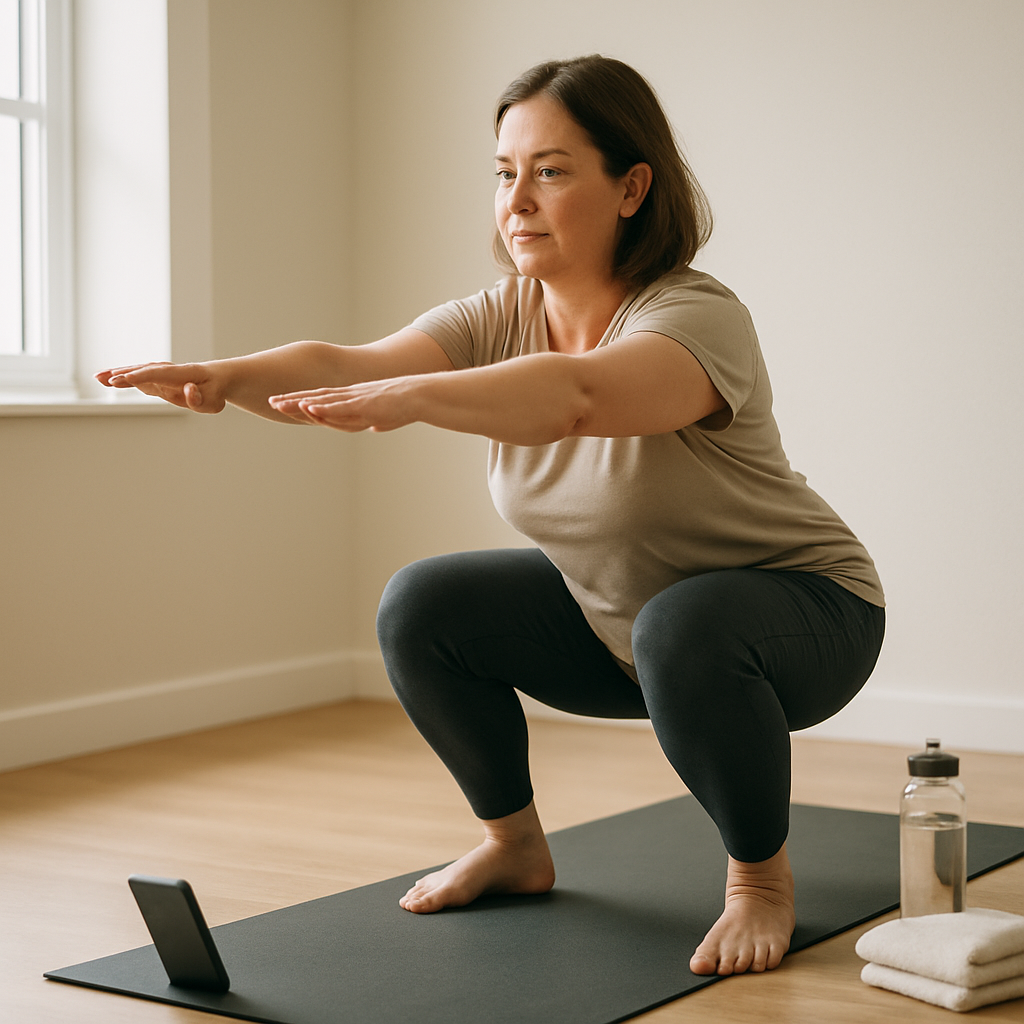 A beginner follows a personalized workout plan on a smartphone while practicing a bodyweight
